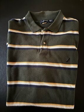 Nautica Olive Green Polo with Navy and Cream Stripes